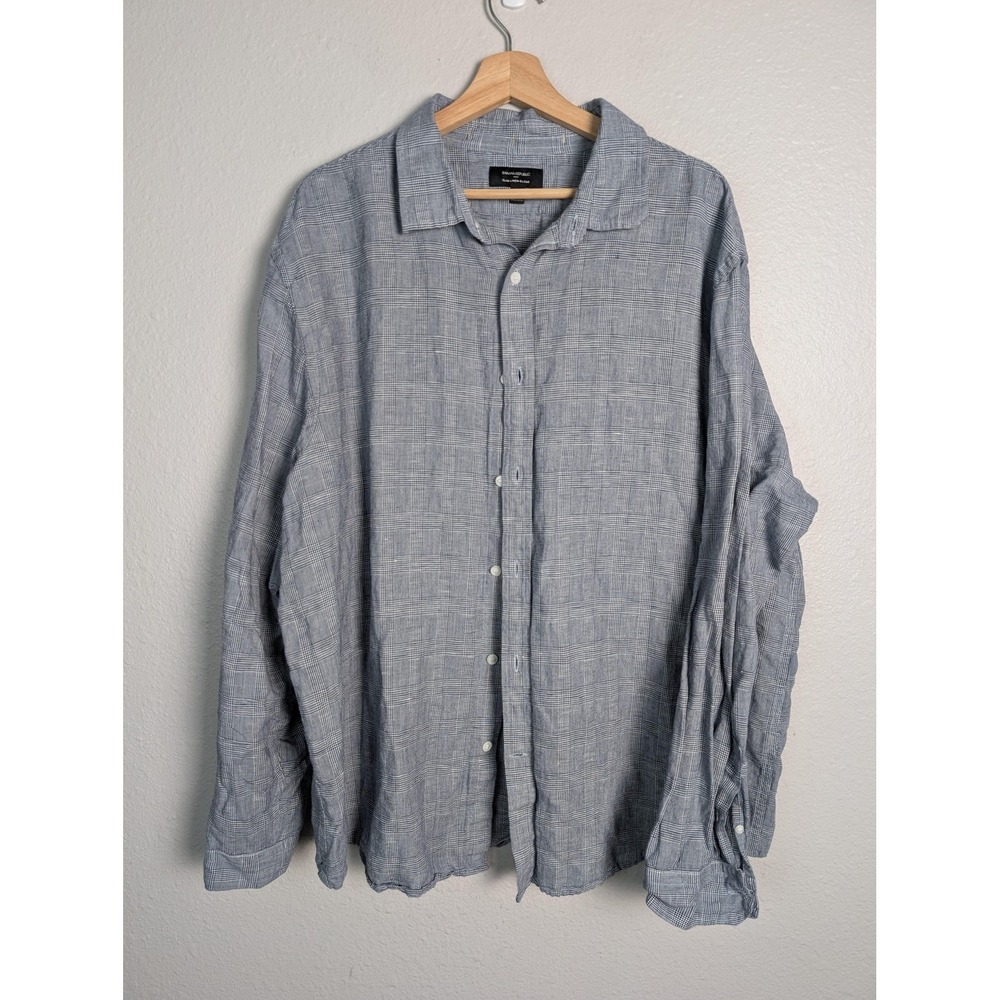 Banana Republic Shirt Mens 2XL Blue Plaid Linen Button Up Long Sleeve Casual